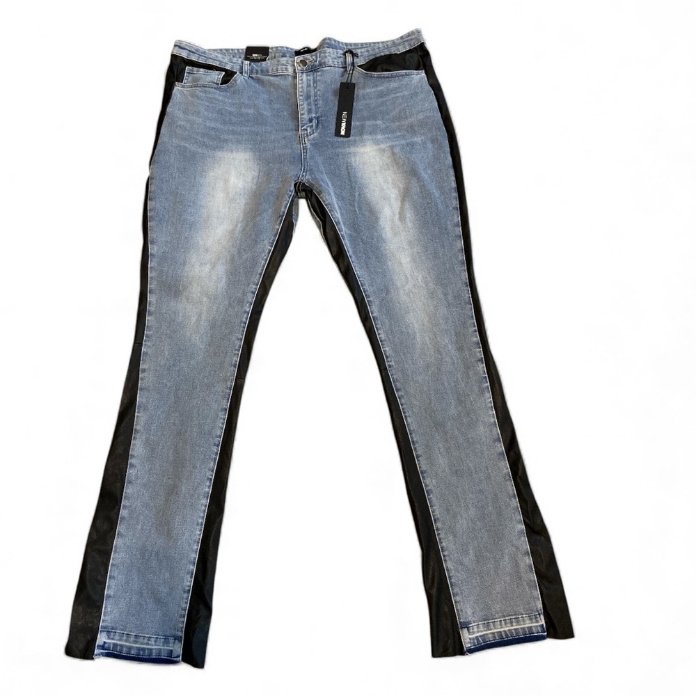 NovaMen Acid-wash Straight Leg Blue Jeans with Faux Leather outline